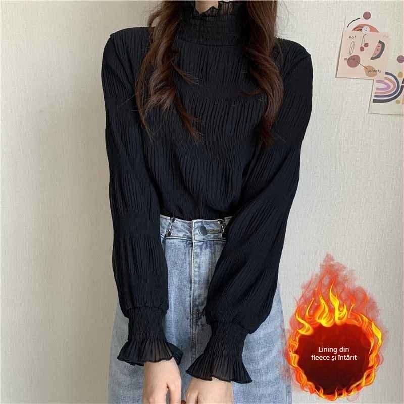 Top cu dantelă, brodat, guler semi‑înalt, mâneci cu umeri căzuți, amestec poliester