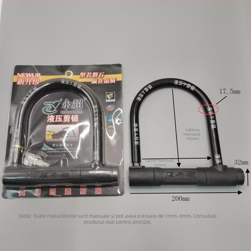 Lacăt U pentru biciclete electrice, motociclete, biciclete și tricicluri, corp din oțel, mecanism hidraulic de tăiere, marca Strength factory