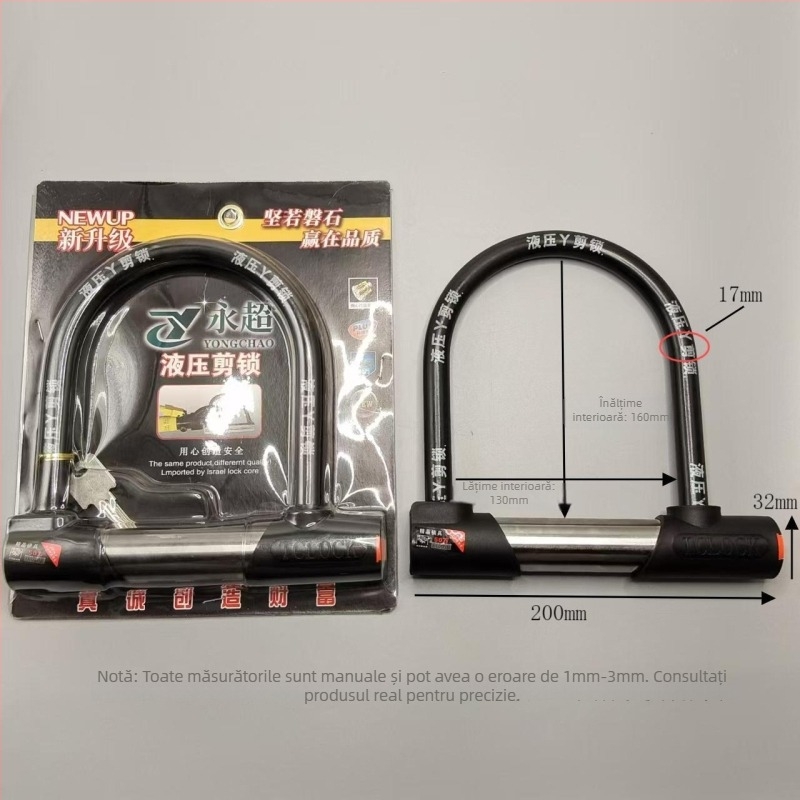 Lacăt U pentru biciclete electrice, motociclete, biciclete și tricicluri, corp din oțel, mecanism hidraulic de tăiere, marca Strength factory