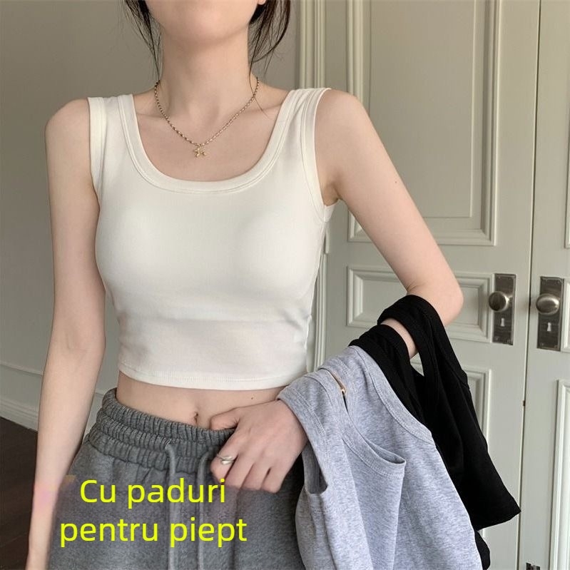 Vesta ultra-scurtă pentru femei cu pernă pentru sân și design wrap - crop top fără mâneci, poliester 90–95%, stil sling, bretele duble