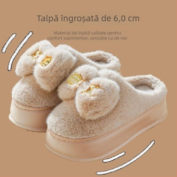Slapi pentru femei cu talpă groasă, partea superioară din velur, talpă EVA, stil coreean, model desene animate, căptușeală pufoasă de iarnă, anti-derapant (grosime talpă 0-3 cm)