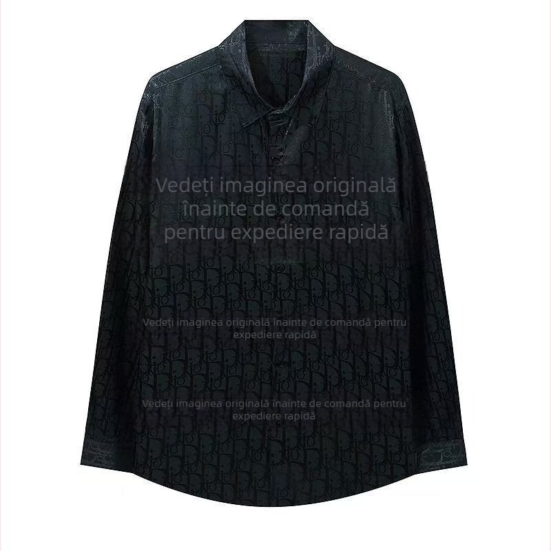 Cămașă de lungi cu imprimeu complet și închidere Velcro, croială lejeră, guler rever, detalii brodate