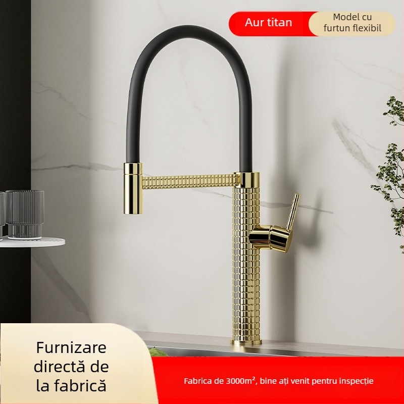 Robinet de bucătărie din cupru, extensibil și rotativ, cu disc ceramic, model CY005, intrări G1/2, 3/8, 9/16, finisaj electroplacat