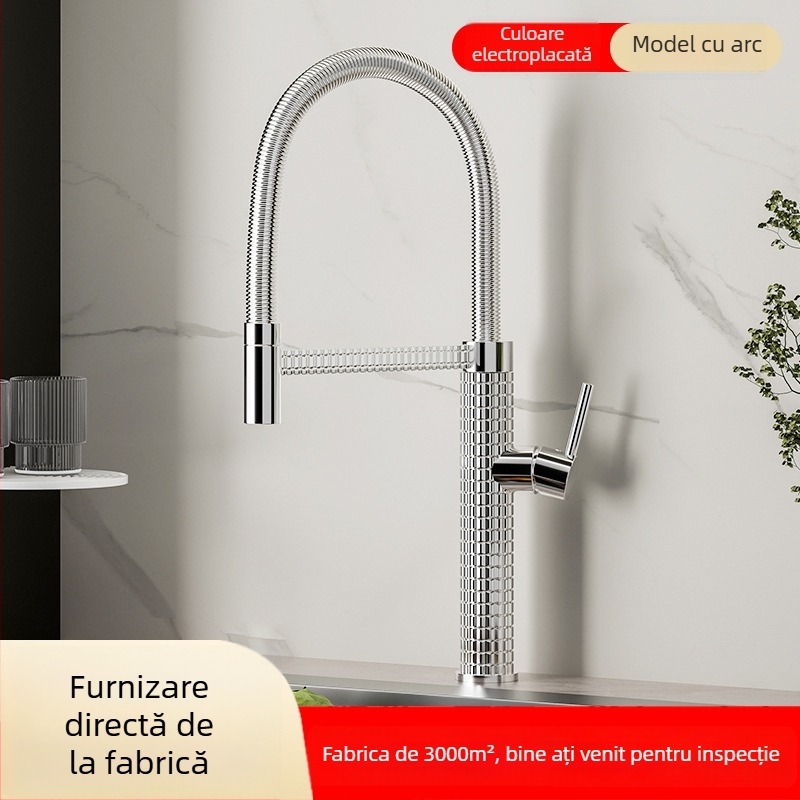 Robinet de bucătărie din cupru, extensibil și rotativ, cu disc ceramic, model CY005, intrări G1/2, 3/8, 9/16, finisaj electroplacat