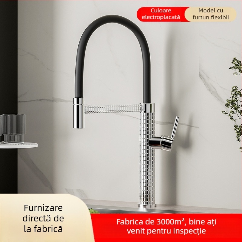 Robinet de bucătărie din cupru, extensibil și rotativ, cu disc ceramic, model CY005, intrări G1/2, 3/8, 9/16, finisaj electroplacat