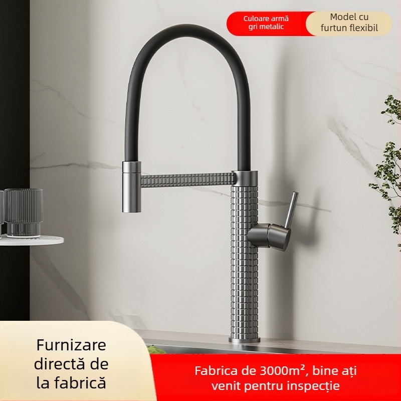 Robinet de bucătărie din cupru, extensibil și rotativ, cu disc ceramic, model CY005, intrări G1/2, 3/8, 9/16, finisaj electroplacat