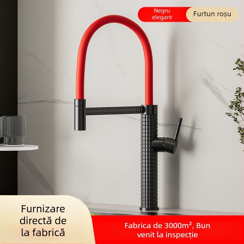 Robinet de bucătărie din cupru, extensibil și rotativ, cu disc ceramic, model CY005, intrări G1/2, 3/8, 9/16, finisaj electroplacat