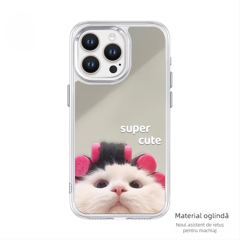 Husă iPhone cu temă de pisică – design cartoon și finisaj oglindă (din TPU; personalizabilă; anti-șoc; rezistentă la uzură; la căderi)