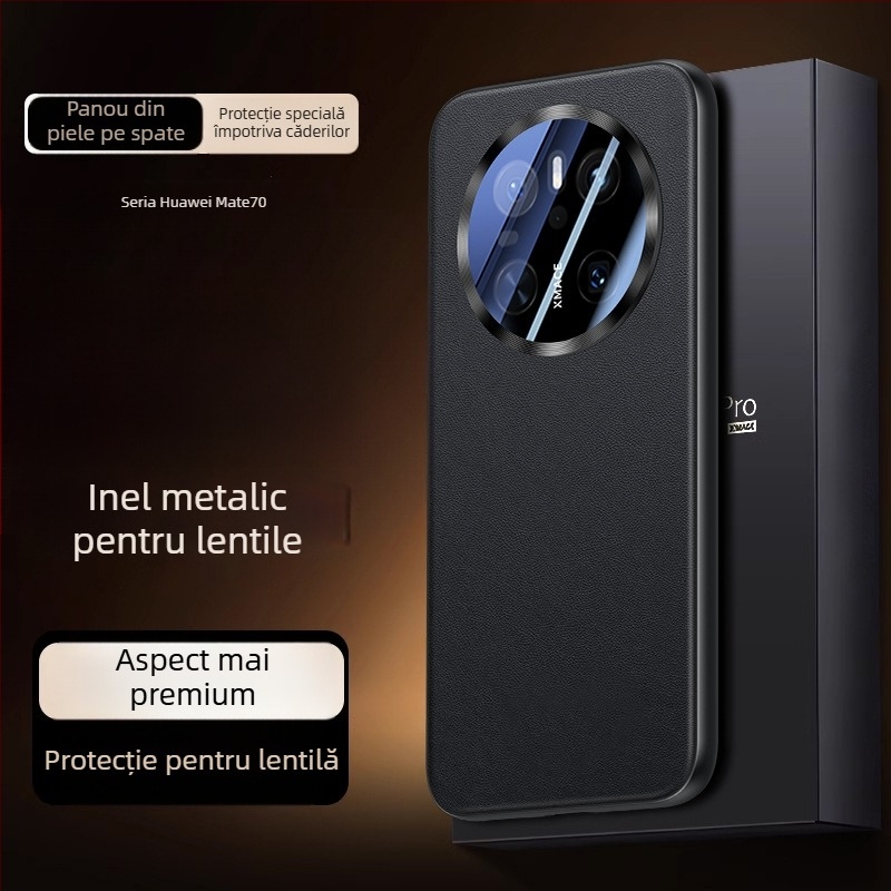Carcasă Huawei Mate70 Pro din piele ecologică, cu acoperire completă a lentilei, design reliefat, rezistentă la șocuri, anti-amprenta, uzură
