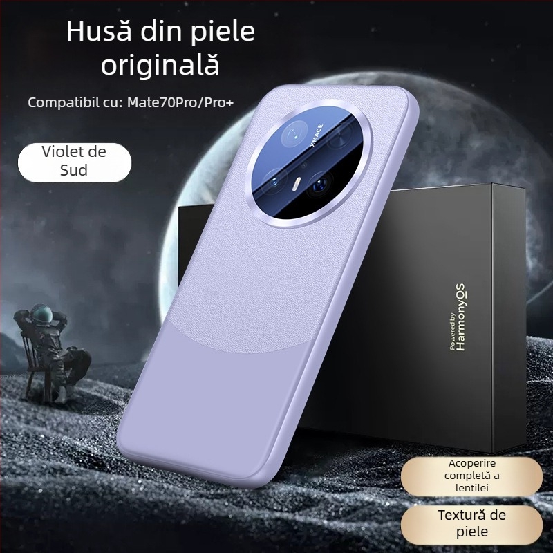 Carcasă Huawei Mate70 Pro din piele ecologică, cu acoperire completă a lentilei, design reliefat, rezistentă la șocuri, anti-amprenta, uzură