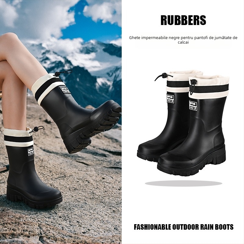 Cizme de ploaie pentru femei - impermeabile, antiderapante, înălțime medie, PVC partea superioară, toc scazut 1-3 cm