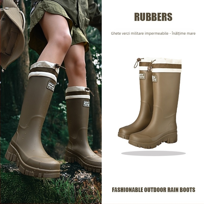 Cizme de ploaie pentru femei - impermeabile, antiderapante, înălțime medie, PVC partea superioară, toc scazut 1-3 cm