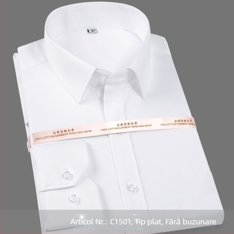 Cămașă pentru bărbați din bumbac mercerizat, mâneci lungi, fără călcare, guler pătrat, 100% bumbac