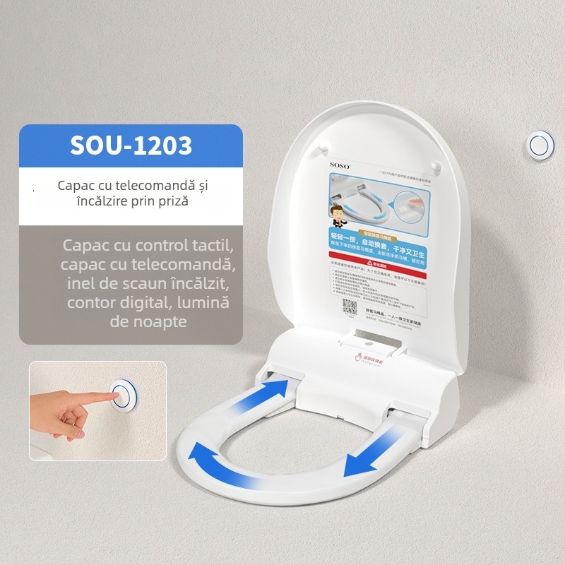 Sos dispenser automat pentru capacul de toaletă, cu bază rotativă, dimensiune mică, dispenser electric pentru hârtie, film de unică folosință pentru înlocuire, telecomandă, încălzire a șezutului, distanță între găuri reglabilă 120–200 mm, model Soi-1201