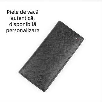 Portofel masculin din piele naturală, lung, bi-fold, piele de vită de înaltă calitate, căptușeală poliester-bumbac