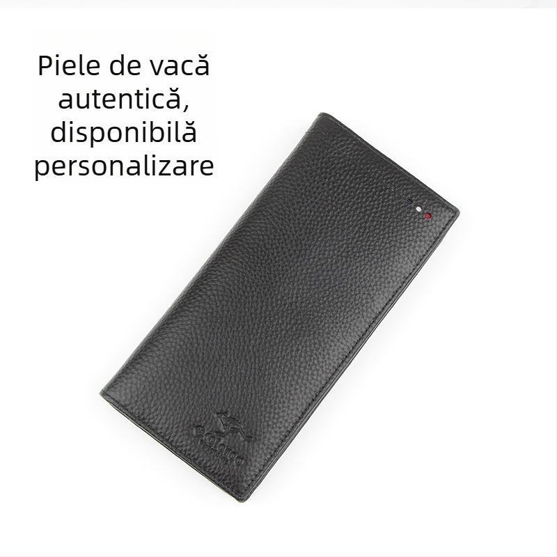 Portofel masculin din piele naturală, lung, bi-fold, piele de vită de înaltă calitate, căptușeală poliester-bumbac