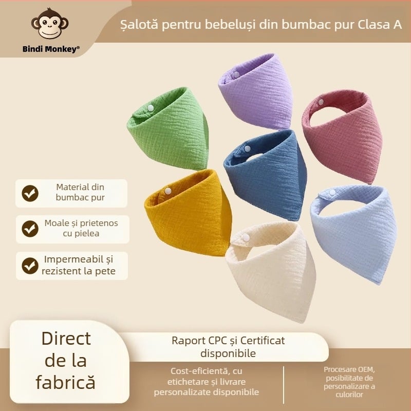 Babero triunghiular din tifon de bumbac 100%, patru straturi, Clasa A, impermeabil, pentru copii 0–6 ani