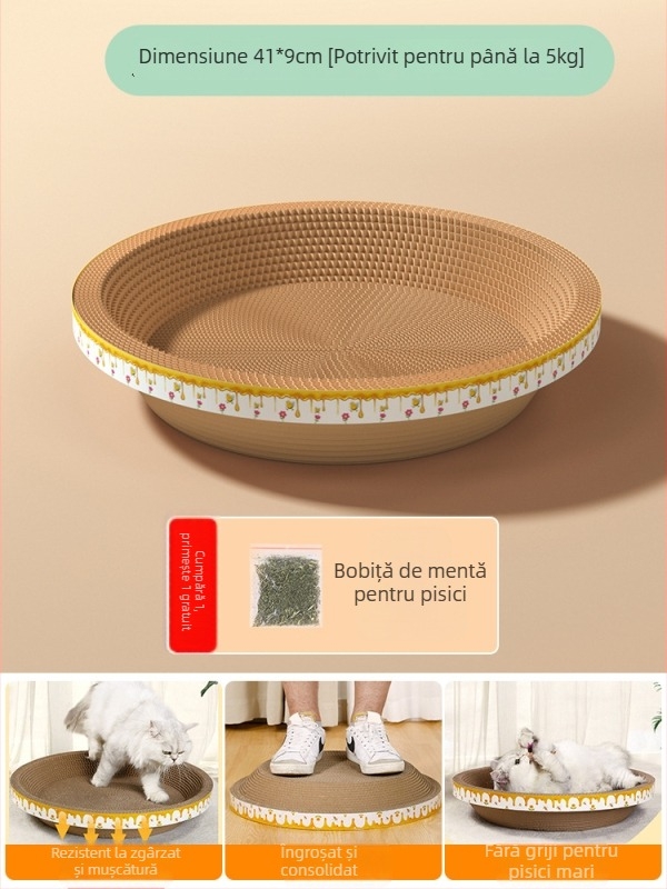 Cuib pentru pisici și suprafață de zgâriere într-un singur pachet; construcție durabilă; coloană verticală din sisal; material: carton celular cu bule; stil drăguț
