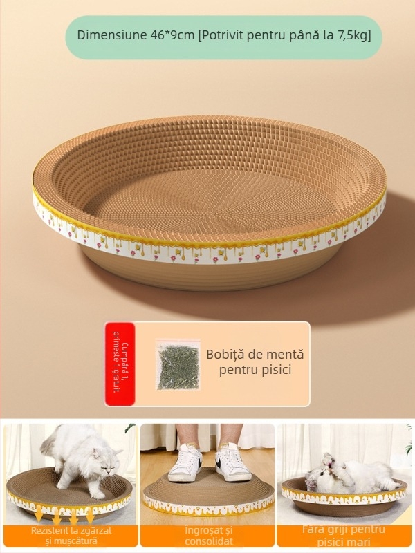 Cuib pentru pisici și suprafață de zgâriere într-un singur pachet; construcție durabilă; coloană verticală din sisal; material: carton celular cu bule; stil drăguț