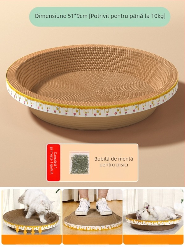 Cuib pentru pisici și suprafață de zgâriere într-un singur pachet; construcție durabilă; coloană verticală din sisal; material: carton celular cu bule; stil drăguț