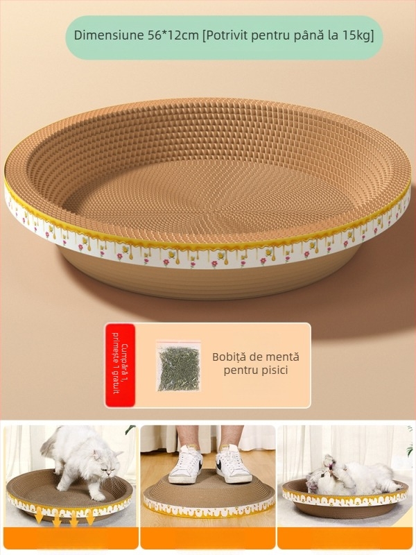 Cuib pentru pisici și suprafață de zgâriere într-un singur pachet; construcție durabilă; coloană verticală din sisal; material: carton celular cu bule; stil drăguț
