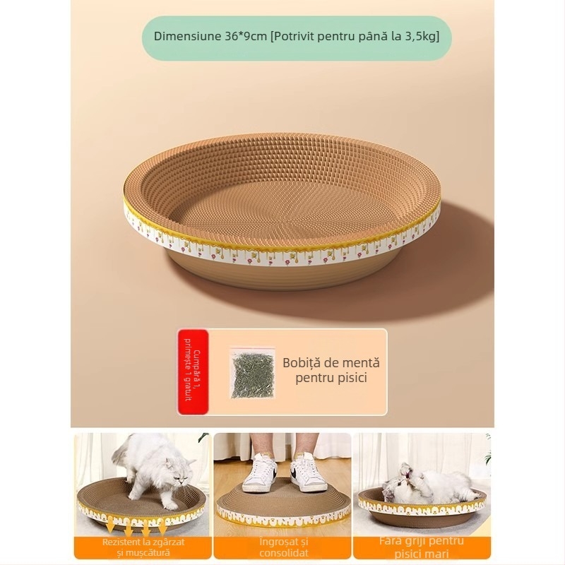 Cuib pentru pisici și suprafață de zgâriere într-un singur pachet; construcție durabilă; coloană verticală din sisal; material: carton celular cu bule; stil drăguț
