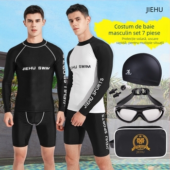 Costum de baie pentru bărbați cu mâneci lungi, uscare rapidă și protecție UV, set din două piese, material poliester-elastan (80–90% elastan), căptușeală poliester-elastan, 400 g
