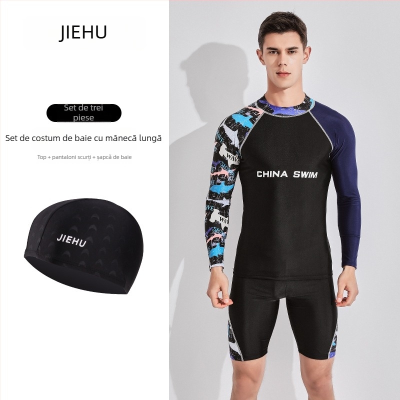 Costum de baie pentru bărbați cu mâneci lungi, uscare rapidă și protecție UV, set din două piese, material poliester-elastan (80–90% elastan), căptușeală poliester-elastan, 400 g