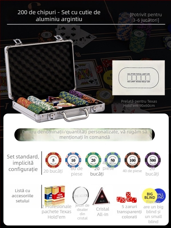 Set poker cu jetoane din lut pentru Texas Hold'em, cutie din aluminiu, construcție din oțel inoxidabil, design unghi drept, model YTH960467850261