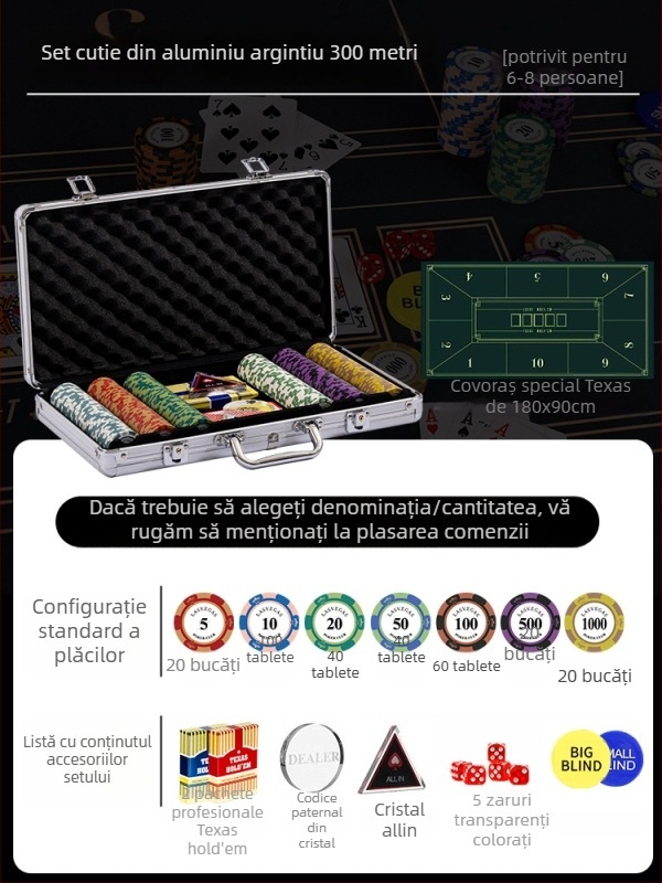 Set poker cu jetoane din lut pentru Texas Hold'em, cutie din aluminiu, construcție din oțel inoxidabil, design unghi drept, model YTH960467850261