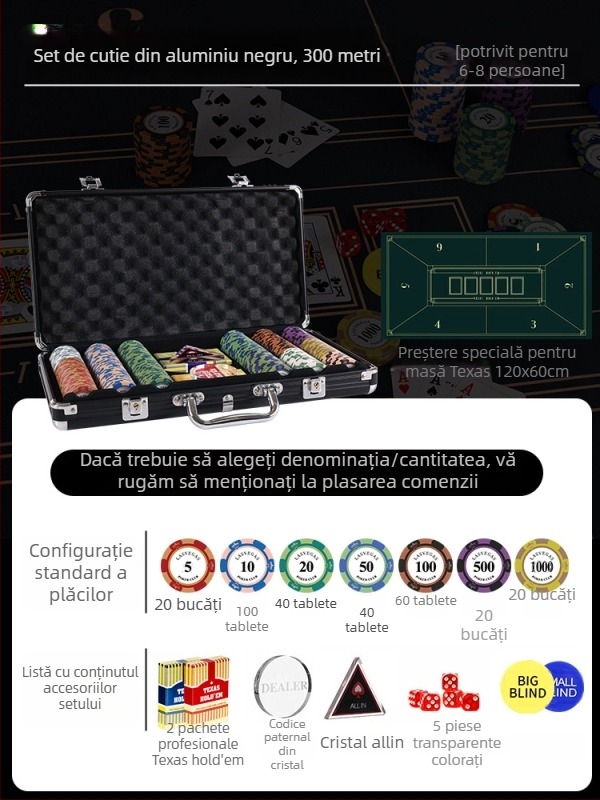 Set poker cu jetoane din lut pentru Texas Hold'em, cutie din aluminiu, construcție din oțel inoxidabil, design unghi drept, model YTH960467850261