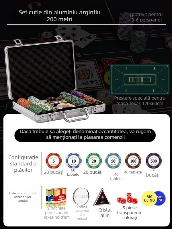 Set poker cu jetoane din lut pentru Texas Hold'em, cutie din aluminiu, construcție din oțel inoxidabil, design unghi drept, model YTH960467850261