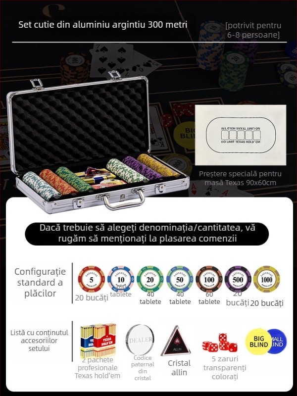 Set poker cu jetoane din lut pentru Texas Hold'em, cutie din aluminiu, construcție din oțel inoxidabil, design unghi drept, model YTH960467850261