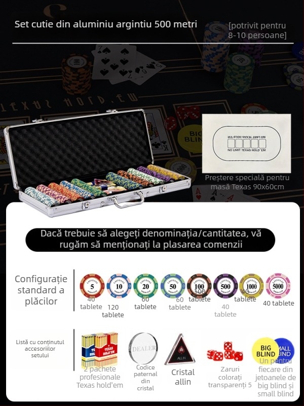 Set poker cu jetoane din lut pentru Texas Hold'em, cutie din aluminiu, construcție din oțel inoxidabil, design unghi drept, model YTH960467850261