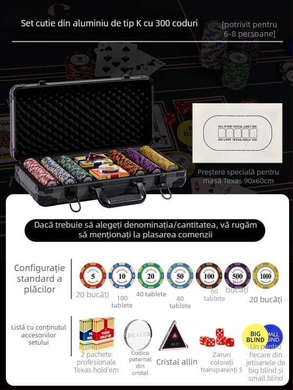 Set poker cu jetoane din lut pentru Texas Hold'em, cutie din aluminiu, construcție din oțel inoxidabil, design unghi drept, model YTH960467850261