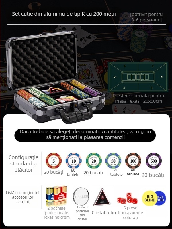Set poker cu jetoane din lut pentru Texas Hold'em, cutie din aluminiu, construcție din oțel inoxidabil, design unghi drept, model YTH960467850261