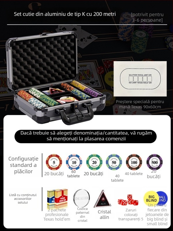 Set poker cu jetoane din lut pentru Texas Hold'em, cutie din aluminiu, construcție din oțel inoxidabil, design unghi drept, model YTH960467850261