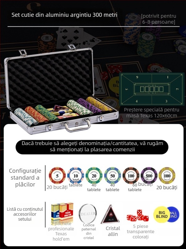 Set poker cu jetoane din lut pentru Texas Hold'em, cutie din aluminiu, construcție din oțel inoxidabil, design unghi drept, model YTH960467850261
