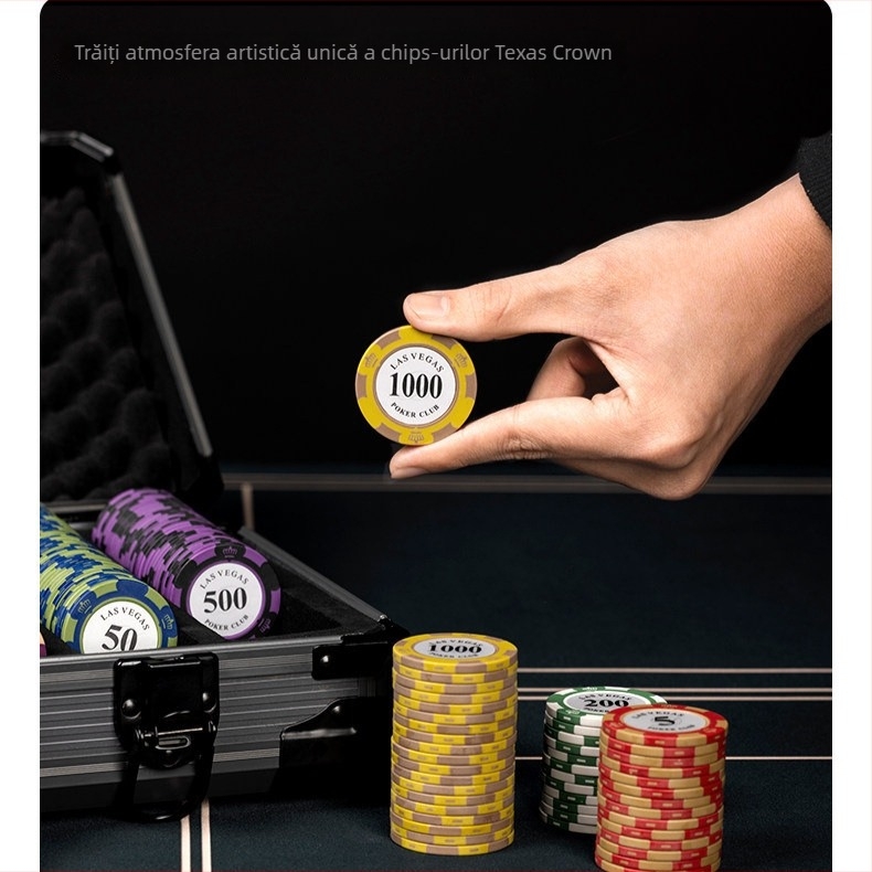 Set poker cu jetoane din lut pentru Texas Hold'em, cutie din aluminiu, construcție din oțel inoxidabil, design unghi drept, model YTH960467850261