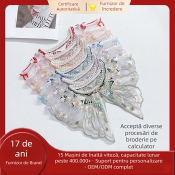 Accesoriu brodat pentru rochie tradițională chineză pentru copii – umăr cu aspect de nor, guler în stil antic, broderie cu fluturi și flori, căptușeală din poliester, vara 2024