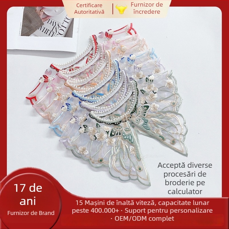 Accesoriu brodat pentru rochie tradițională chineză pentru copii – umăr cu aspect de nor, guler în stil antic, broderie cu fluturi și flori, căptușeală din poliester, vara 2024