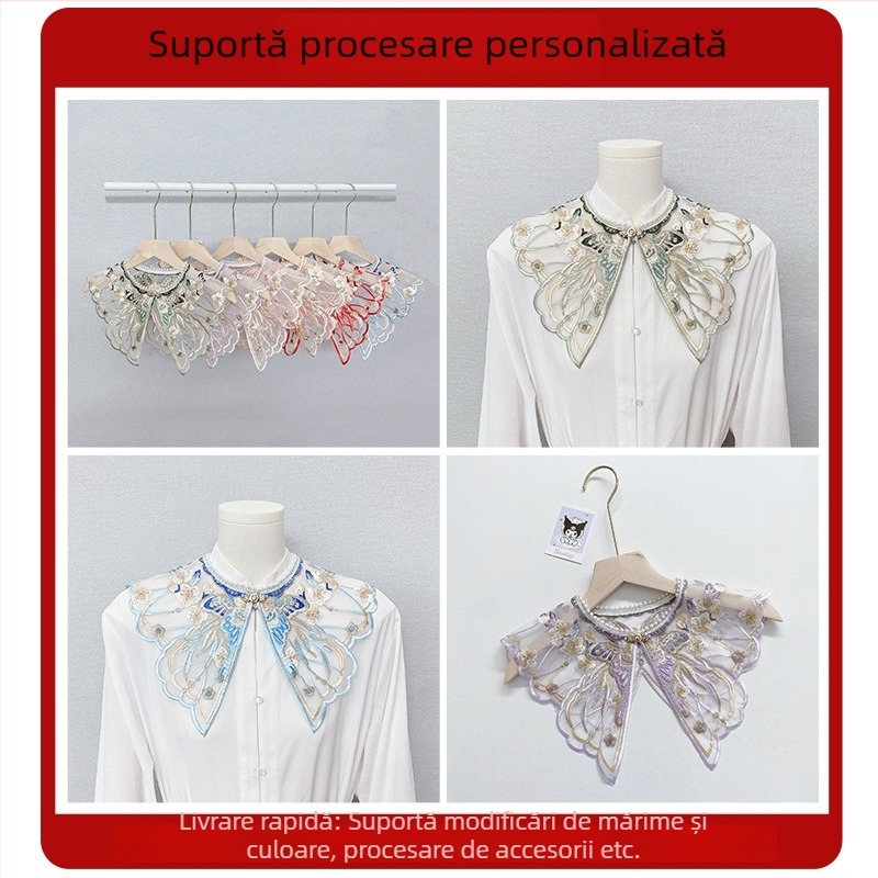 Accesoriu brodat pentru rochie tradițională chineză pentru copii – umăr cu aspect de nor, guler în stil antic, broderie cu fluturi și flori, căptușeală din poliester, vara 2024