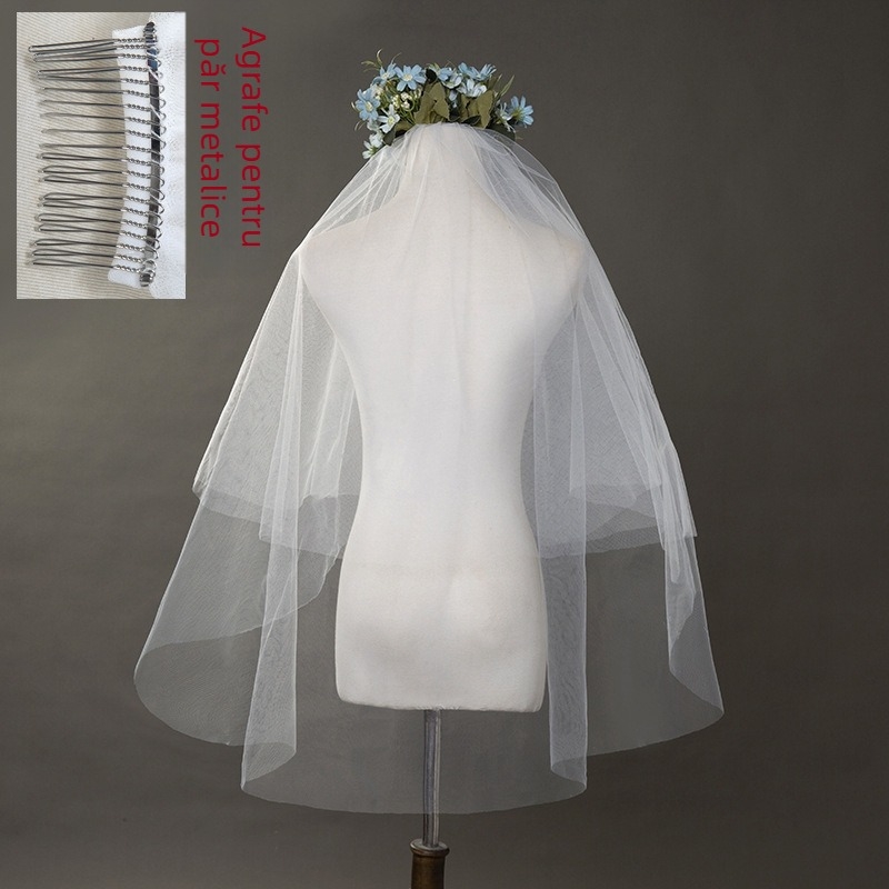 Voal de mireasă, două straturi, plasă moale, fibră poliester, ambalaj individual, personalizare disponibilă