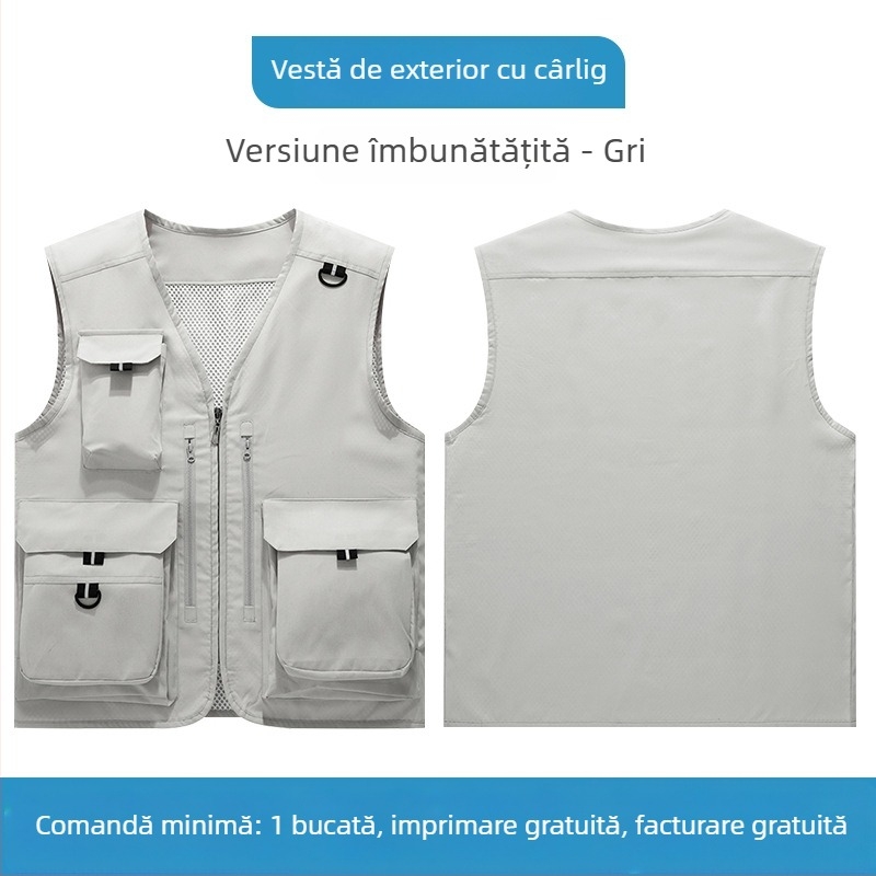 Vesta de lucru cu mai multe buzunare și logo personalizat pentru echipe corporative, fotografie și pescuit