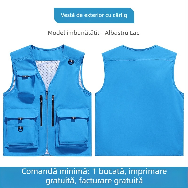 Vesta de lucru cu mai multe buzunare și logo personalizat pentru echipe corporative, fotografie și pescuit