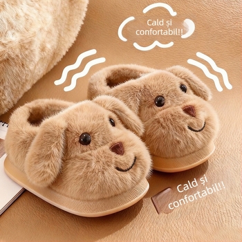 Papuci de interior pentru copii, iarnă, cu design cu câine desen animat, parte superioară velur, talpă PVC antiderapantă, căptușeală groasă, unisex