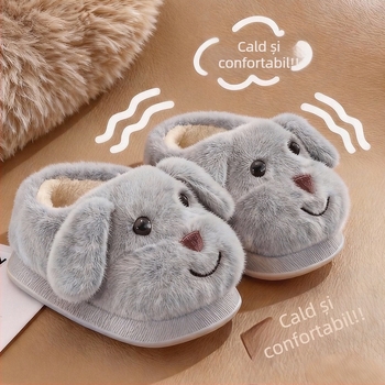 Papuci de interior pentru copii, iarnă, cu design cu câine desen animat, parte superioară velur, talpă PVC antiderapantă, căptușeală groasă, unisex