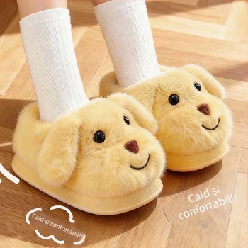 Papuci de interior pentru copii, iarnă, cu design cu câine desen animat, parte superioară velur, talpă PVC antiderapantă, căptușeală groasă, unisex