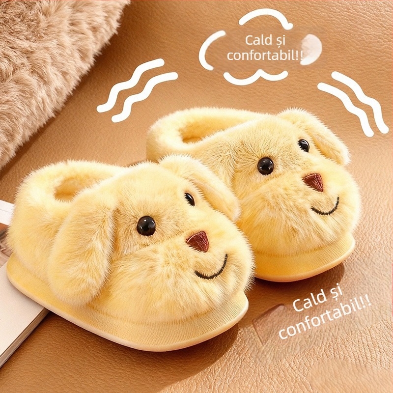 Papuci de interior pentru copii, iarnă, cu design cu câine desen animat, parte superioară velur, talpă PVC antiderapantă, căptușeală groasă, unisex