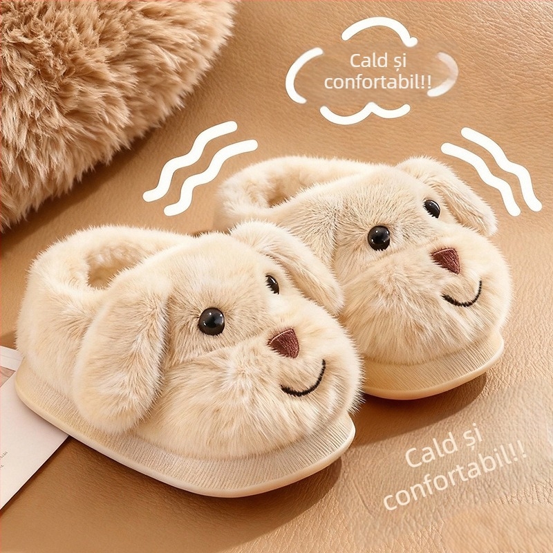 Papuci de interior pentru copii, iarnă, cu design cu câine desen animat, parte superioară velur, talpă PVC antiderapantă, căptușeală groasă, unisex